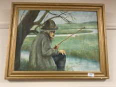 Continental School : Man fishing in marshland, oil on canvas, framed,