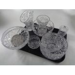 A tray of assorted glass ware to include cut glass fruit bowls and vases,