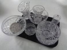 A tray of assorted glass ware to include cut glass fruit bowls and vases,