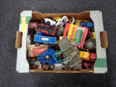 A box of mid 20th century and later die cast vehicles to include Dinky, Burago,