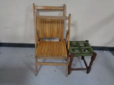 A pair of folding kitchen chairs and stool with webbing seat