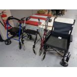 A folding light weight wheel chair together with three further mobility aids