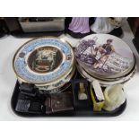 A tray of a quantity of assorted plates relating to mining, mobile phone, gent's wristwatch,