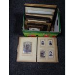 A box of antique leather bound photo album of monochrome photographs together with assorted framed