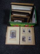 A box of antique leather bound photo album of monochrome photographs together with assorted framed