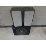 A pair of Sony hifi speakers together with a JBL 1000 watt PA speaker