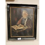Continental School : Lady reading, oil on canvas, indistinctly signed A.E.