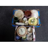 Two boxes of antique and later china to include planters, wall plates, two tier cake stand,