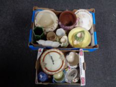Two boxes of antique and later china to include planters, wall plates, two tier cake stand,