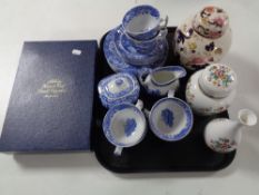 A tray containing a 20 piece Spode Italian tea service, Masons and Coalport ginger jars,