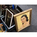 A box of a quantity of framed pictures to include M Kerr framed drawers,