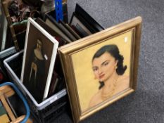 A box of a quantity of framed pictures to include M Kerr framed drawers,