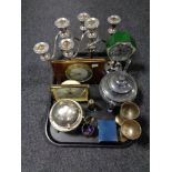 A tray of mid century desk and mantel clocks, pair of three way plated candelabra, Ringtons tea pot,