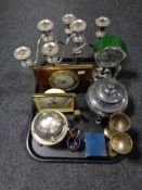 A tray of mid century desk and mantel clocks, pair of three way plated candelabra, Ringtons tea pot,