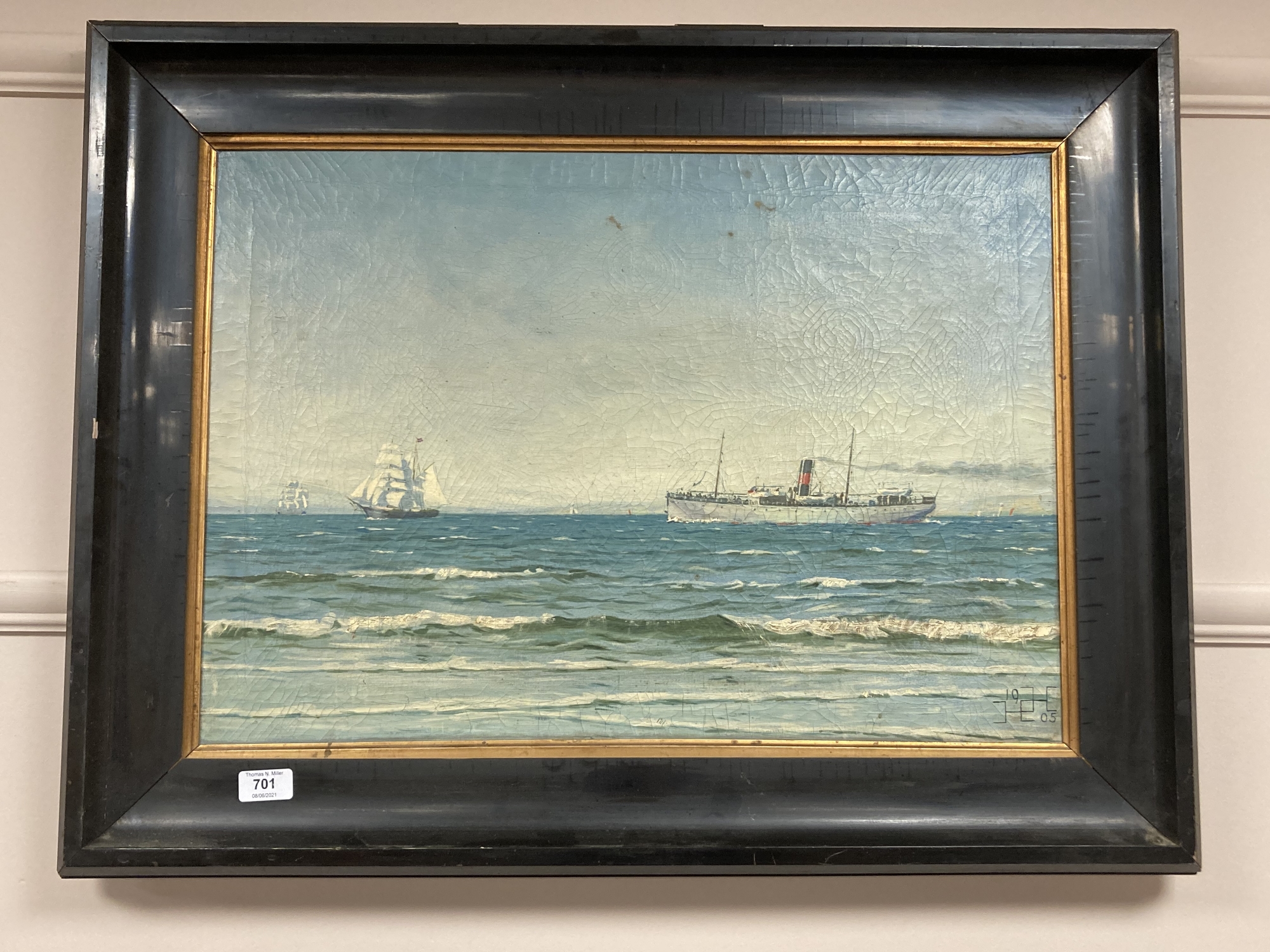 Continental School : War ships, oil on canvas, signed with initials and dated 1905, framed,