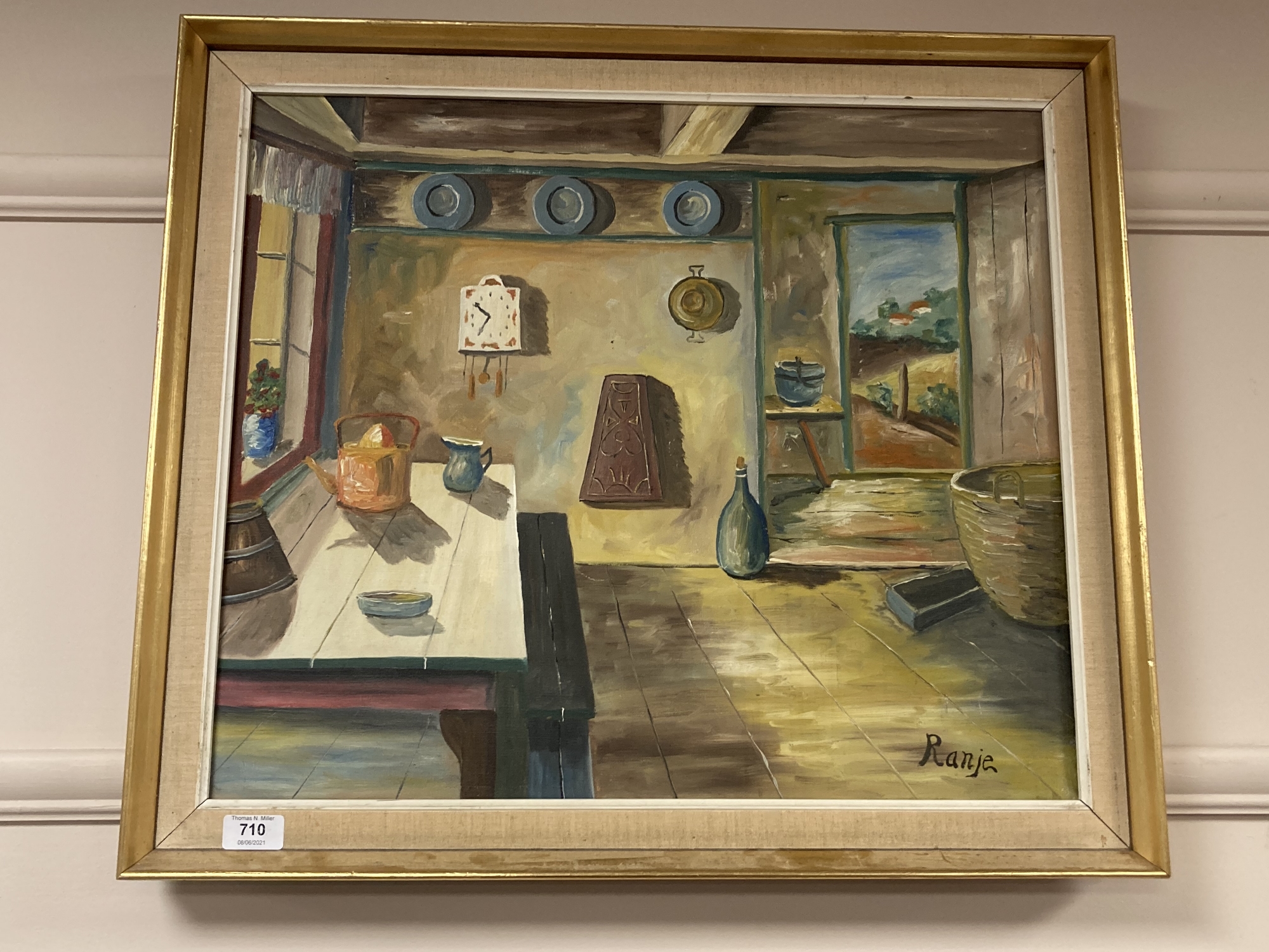 Continental School : Cottage interior, oil on canvas, signed Ranje,