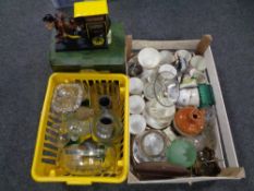 A basket and a crate of miscellaneous china, figurines, glass ware,