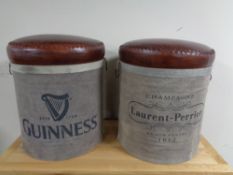 A pair of contemporary leather seated bar stools bearing Guinness and Laurent Perrier advertisement.