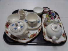 A tray of assorted china to include Royal Albert Old Country Roses serving plates,