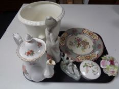 A tray containing assorted china to include two Nao figures,