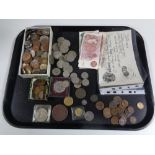 A tray of 19th/20th century British coins, crowns, foreign coins, bank notes,