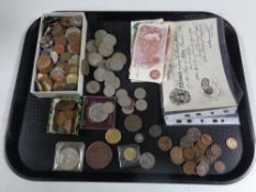 A tray of 19th/20th century British coins, crowns, foreign coins, bank notes,