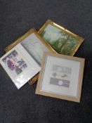 A box containing two gilt framed oils on canvas, Wooden scene and Boat on a shoreline,