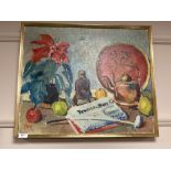 Continental School : Still life with pottery and fruit, oil on canvas, framed,