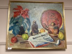 Continental School : Still life with pottery and fruit, oil on canvas, framed,