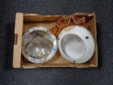 A box containing three vintage glass light shades together with a carnival glass bowl