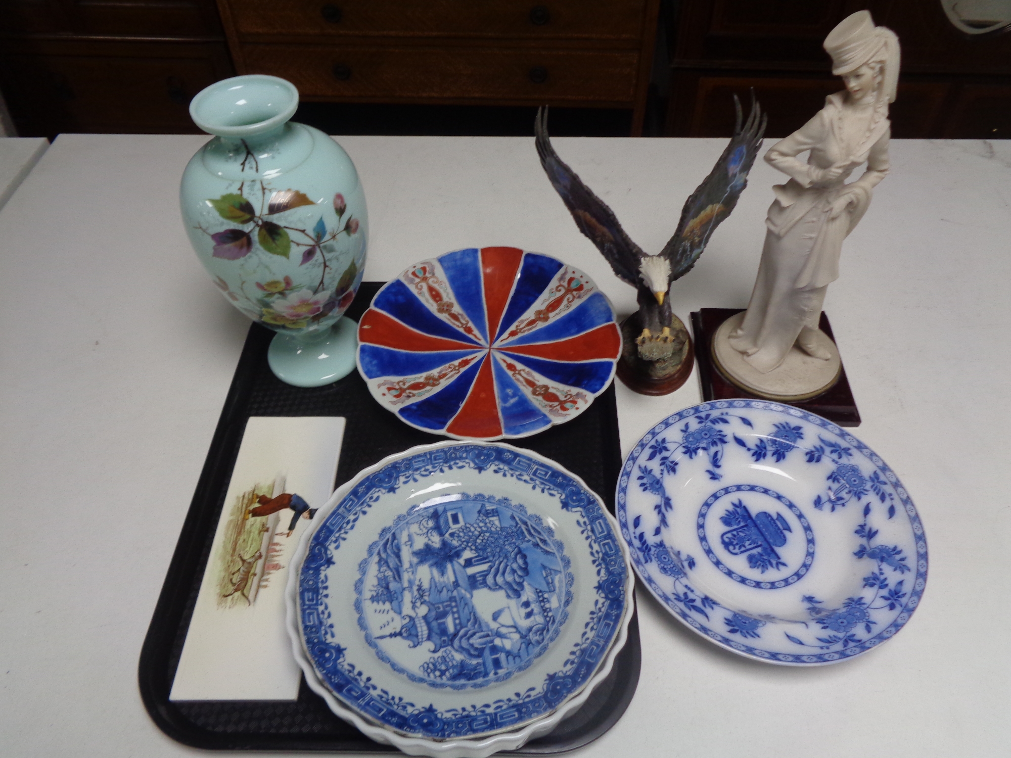 A tray containing assorted china to include antique glass vase,