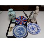 A tray containing assorted china to include antique glass vase,