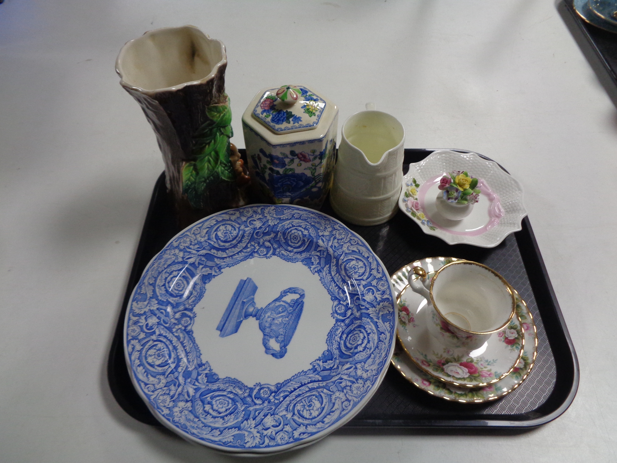 A tray containing assorted china to include Spode plates, Masons lidded jar, Hornsea vase,