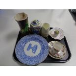A tray containing assorted china to include Spode plates, Masons lidded jar, Hornsea vase,