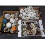 Three boxes containing oils on boards, still life, assorted tea china, vases, etc.
