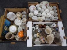 Three boxes containing oils on boards, still life, assorted tea china, vases, etc.