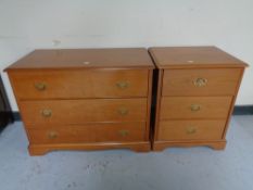 A Stag three drawer chest together with three drawer bedside chest in teak finish