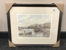 After Tom MacDonald : Seahouses, reproduction in colours, signed in pencil, 21 cm by 30 cm, framed.