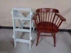 A set of painted library steps together with a stained pine spindle backed armchair