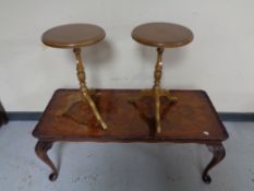 A walnut Queen Anne style coffee table together with a pair of wine tables