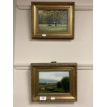 Two oil on panels depicting farmland, initialled GAD, framed.