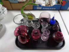 A tray containing assorted glassware to include Venetian glass fish, Caithness glass vases,