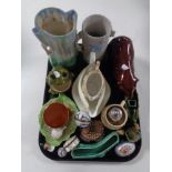 A tray of miscellaneous china to include pottery vases,