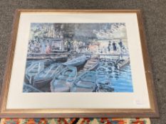 Continental School : Boats on a lake, colour print, framed,