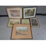 Six framed pictures to include a J K Dodds watercolour of a river through a rural landscape,