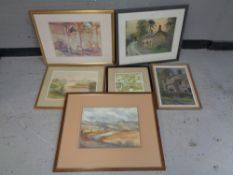 Six framed pictures to include a J K Dodds watercolour of a river through a rural landscape,