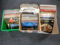 Two boxes and a crate containing vinyl LPs to include Abba, classical, Nana Mousqouri etc.
