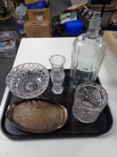 A tray of assorted glass ware to include an antique glass storage jar 'Poison',