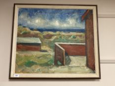 Continental School : Buildings by a coast, oil on canvas, indistinctly signed,