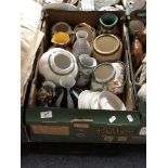 A box of miscellaneous china to include biscuit barrels, tea ware, pottery jug,